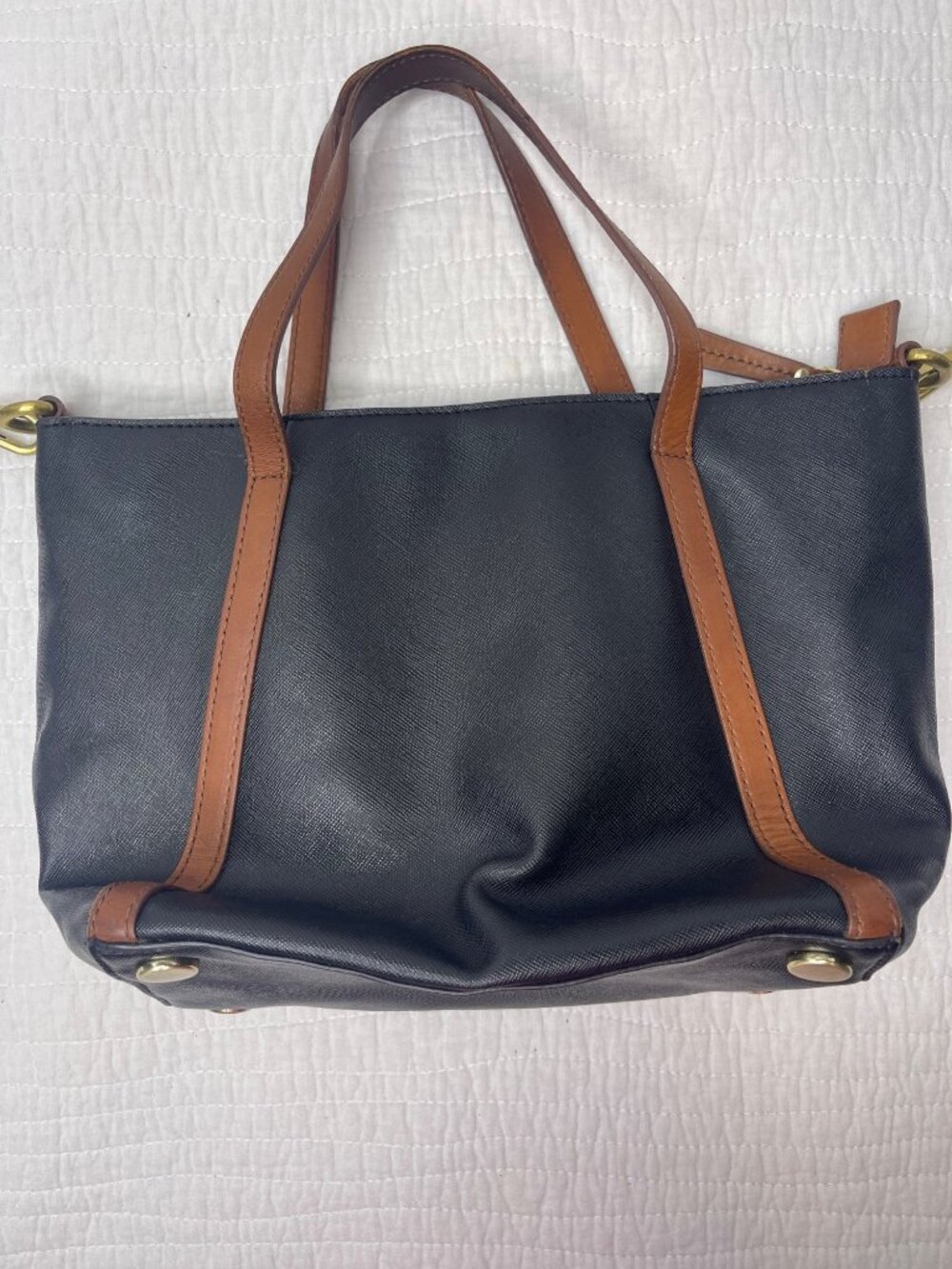 Fossil 1954 Black Brown Leather-Trimmed Classic Tote Bag Crossbody Strap - Picture 3 of 16